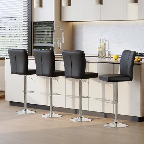 Image of Swivel Bar Stools Set of 4 - Black Barstools with Back,Adjustable Counter Height Bar Stools with Sturdy Metal Legs,Leather Counter Height Stools Ideal for Kitchen Island Pub(25''-33''H)