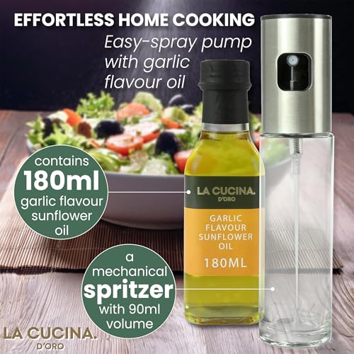 La Cucina D’Oro Oil Sprayer for Cooking & Air Fryer - 90ml Refillable Glass Oil Mister with Stainless Steel Pump + 180ml Garlic Sunflower Oil - Kitchen Gift Set for Roasting, Salad, BBQ & Baking - Image 4
