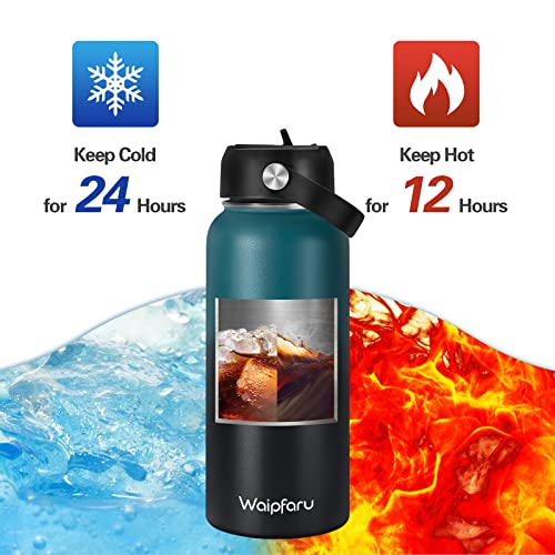 Waipfaru 32Oz Water Bottle - Stainless Water Bottle With 2 Lids & 2 Straws, Insulated Water Bottles Keep Hot And Cold, Wide Mouth Sports Water Bottle For Hiking Biking Sport, Green Black #TOP1