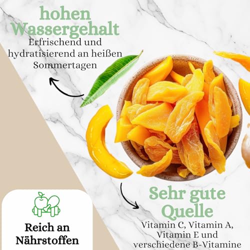 1001 Frucht - getrocknete Mango, 1Kg, Neue Ernte, Naturbelassen, Ohne Zuckerzusatz, Vegan, Sonnengetrocknete saftige Mango Streifen ungeschwefelt, Tropischer Snack