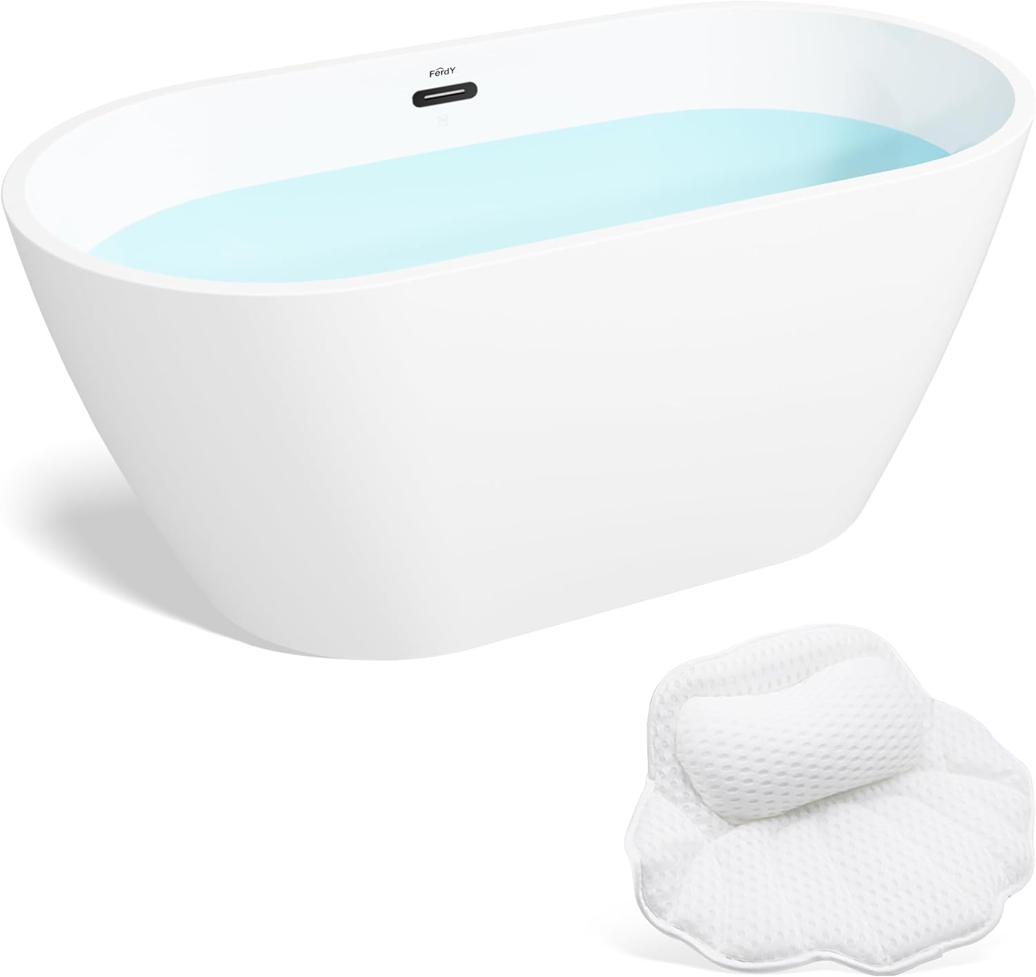 FerdY 55" Bali Acrylic Freestanding Bathtub, Gracefully Shaped Freestanding Soaking Bathtub, cUPC Certified, Toe-Tap Matte Black Drain& Bath Pillow for Bathtub,Thick Tub Pillows Breathable 4D Air Mesh