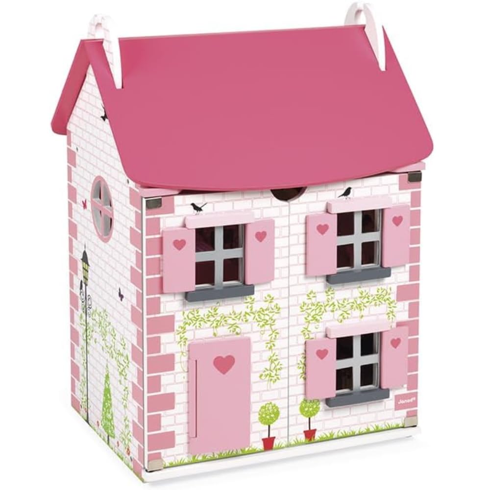 Janod - Maison de Poupée en Bois Mademoiselle - 3 Etages et 11 Accessoires Inclus - Jouet d'Imitation - Développer l'Imagination - Dès 3 Ans , J06581, Rose