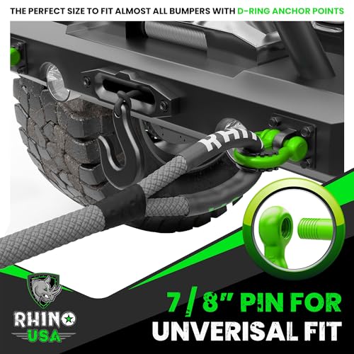 Image of Rhino USA D Ring Shackles (2-Pack) - 41,850lb Break Strength - Heavy Duty 3 /4 inch Clevis Shackle with 7 /8 Pin for Towing & Off-Road Use - Pairs with Tow Strap for Vehicle Recovery (Green)