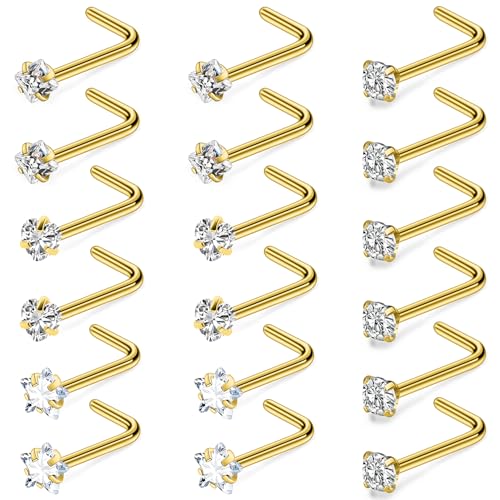 Cisyozi 20G Gold Nose Rings Stud Piercing Jewelry Women 20 Gauge Stainless Surgical Steel Star Heart Square CZ L Shaped Nose Studs Diamond 14K Hypoallergenic Nostril Rings Piercing Jewelry Men