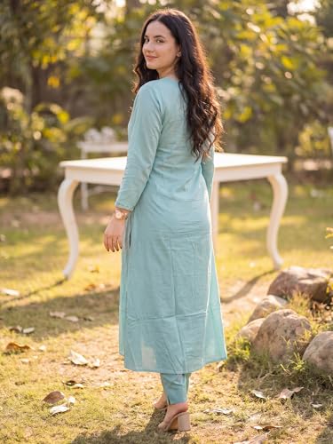 Image of INDO ERA Women's Pure Cotton Embroidered Thread Work Kurta & Pant with Dupatta Set (IEAI13046)