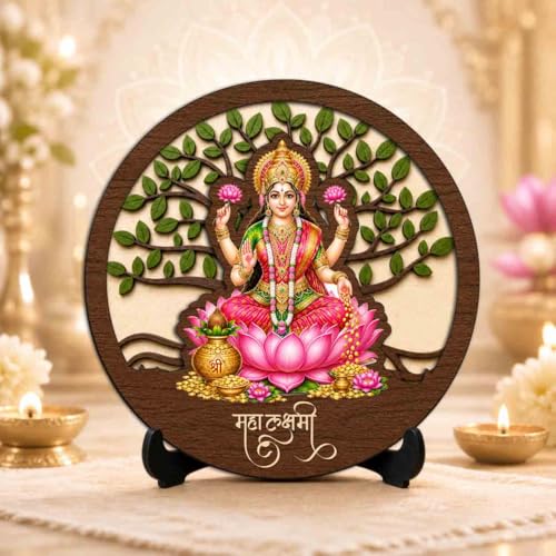 Image of Lakshmi Ji Wooden Murti for Home Mandir, Prayer Room, Table Top Decor & Spiritual Gifting - 5x5 Inch