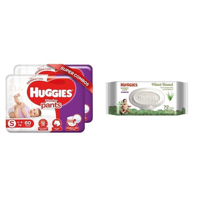 Huggies Wonder Pants Small Size Diapers Combo Pack of 2, 60 Counts Per Pack (120 Counts) & Huggies Cucumber and Aloe Vera Baby Wipes (72 Count)