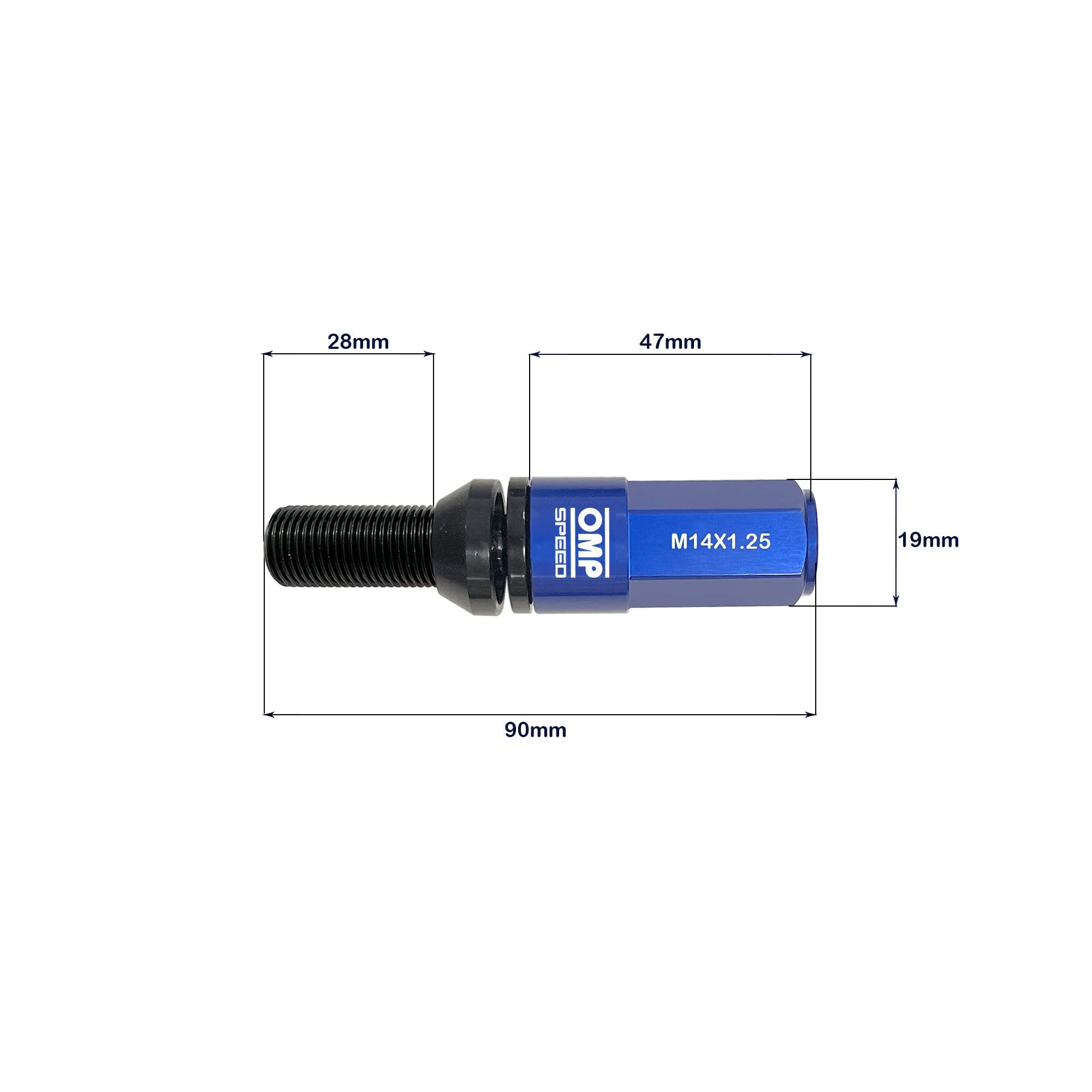 OMP SPEED Set 20 Schwarze Radschrauben mit M14X1.25 Metrisch 17-19 Lang Gewinde 28MM mit Blau Aluminium Protektor 7075 + DIN 12.9