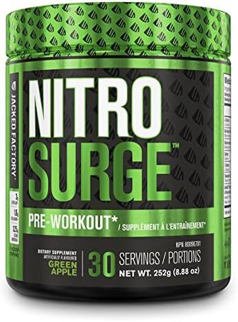 NITROSURGE Pre Workout Supplement - Endless Energy, Instant Strength Gains, Clear Focus, Intense Pumps - Nitric Oxide Booster & Powerful Preworkout Energy Powder - 30 Servings, Green Apple