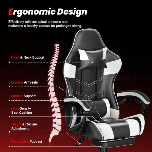 Image of Gaming Chair with Footrest, Ergonomic Video Game Chair with Headrest and Lumbar Support, 400 lbs Adult Chair, Height Adjustable 360 Swivel High Back Reclining Computer Chair for Home Office (White)