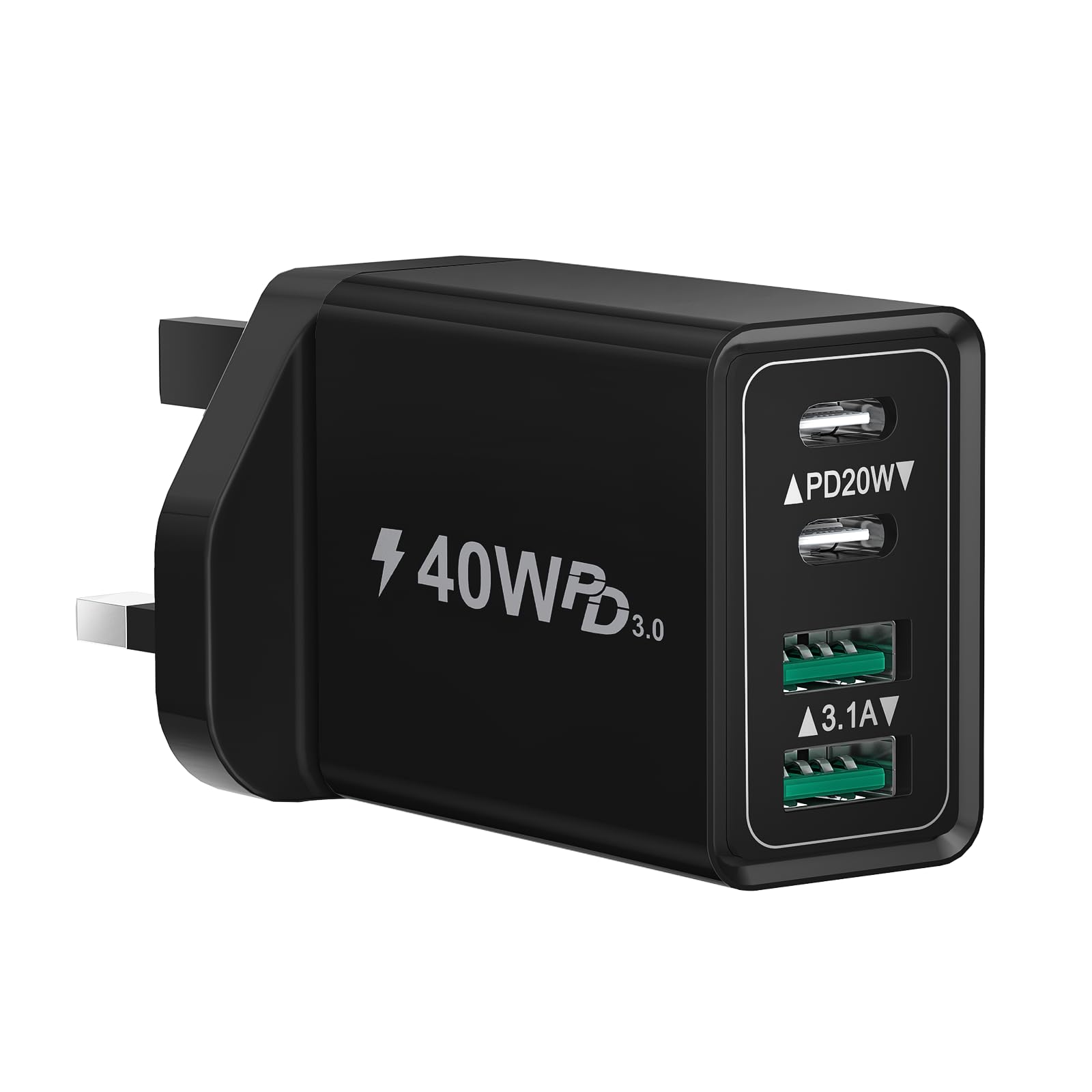 USBC Plug, 40W 4-Port USB C Charger Plug Fast Charge Dual Port PD Power Adapter + QC Wall Charger, Multi USB Plug Charger UK Type C Charging Plug for iPhone 16 15 14 13 12 11 Pro Max, iPad, Samsung