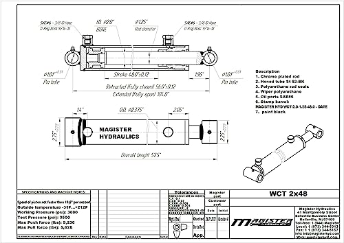 Image of Magister Hydraulic Cylinder 2 inch Bore x 48 inch Stroke, Welded Hydraulic Ram with Cross Tube Ends, Double Acting Hydraulic Piston 3500 PSI (WCT 2x48)