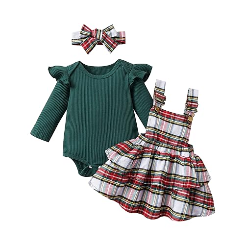 Image of Ayalinggo Newborn Baby Girl Christmas Outfits Ruffle Long Sleeve Knit Romper Plaid Skirt Overall Dress Fall Winter Clothes