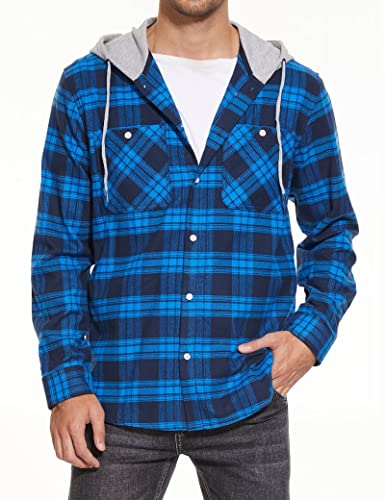 Magcomsen Hooded Flannel Jacket Men Long Sleeve Cotton Shirts Casual Button Down Plaid Jackets Winter Warm Lightweight Jackets Bright Blue M #TOP1