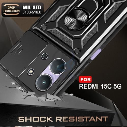 Image of AIBEX Back Cover Compatible for Redmi 15C 5G / Poco C85 5G | D10 Tough Armor Case | Sliding Camera Shield | 360 Protection | Kickstand Ring Holder | Military-Grade Bumper Case - Black