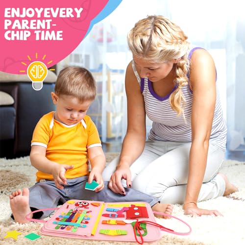 Image of Toddler Busy Board, Montessori Sensory Toys for Boys, 3-8 Year Old Girl Toddler Travel Toys, Educational Learning Activities Board for Motor Skills, Birthday Gifts for Airplane Car, Pink