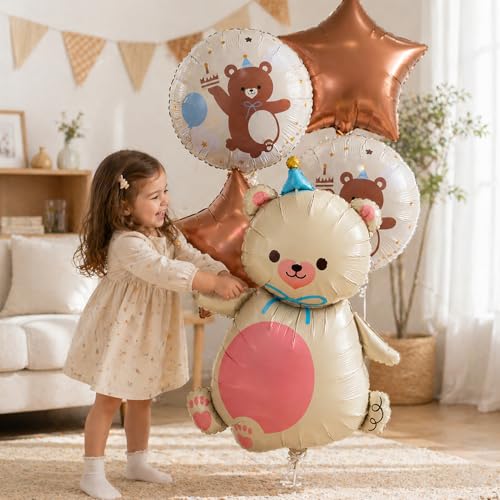 Image of Rozi Decoration Teddy Bear Foil Balloon Set with Star & Round Printed Balloons, 5 Pcs Birthday Decoration Kit for Kids Party, Baby Shower & First Birthday Celebration
