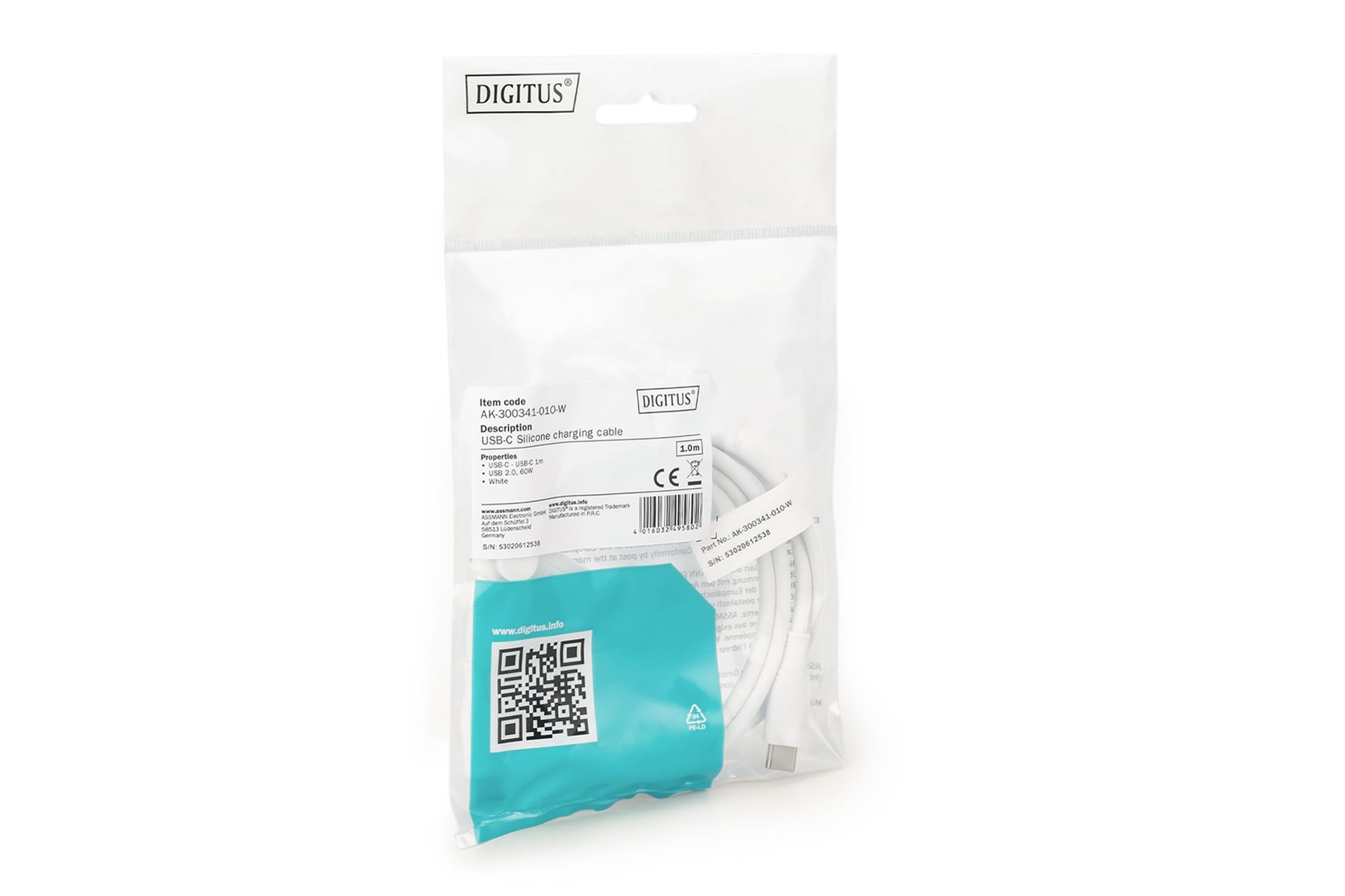 DIGITUS Kabel połączeniowy USB 2.0-1m - USB Typ-C do Typ-C - High-Speed 480 Mbit/s - 60W Power Delivery - elastyczny silikonowy kabel - biały - do iPad, iPhone, smartfonów, tabletów, laptopów