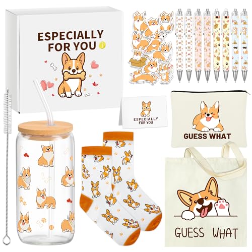 Splendest Corgi Gifts for Lovers Christmas Birthday Corgi Gift for Women 16 OZ Dog Glass Tumbler Cute Tote Bag Make up Bag Socks Pens Stickers & Greeting Card Dog Theme Gifts for Mom