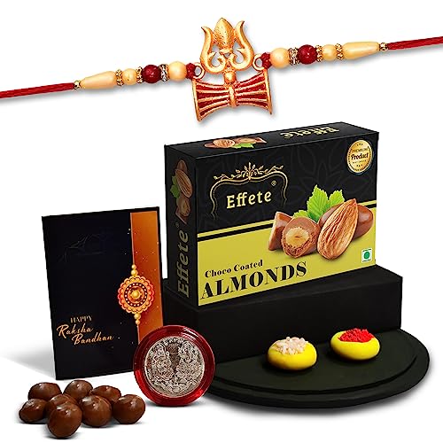 Image of DeoDap Multicolor Trishul Roli Chawal Rakhi Rakhi with Chocolate Almonds 32gm, Silver Pooja Coin, Tilak Set, Greeting Card - Rakhi Gift for Brother