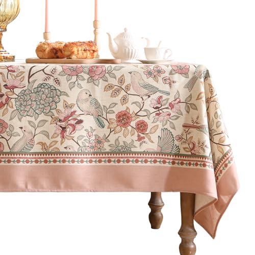 patdrea Designer Pink Linen Table Cloth for Rectangle Table,Vintage Floral with Birds Pattern Decorative Tablcloth,French Table Cover for Kitchen Dining,Thanksgiving,Christmas,55"x87"-Kulom a