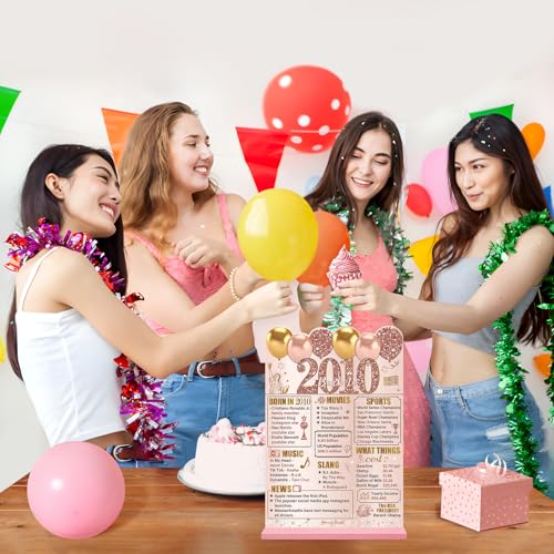 Image of Guiruiy Pink Rose Gold 16th Birthday Decorations for Girls Women, Two-Sided Vintage 16 Back in 2010 Theme Poster Wooden Table Sign with Stand, Sixteen Years Old Bday Centerpieces Holder for Table Decor