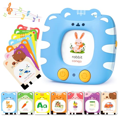 Image of JoyCat Bilingual Spanish & English Talking Flash Cards for Toddlers 1-5, 454 Words+6 Songs, Clear Voice & Thick Cards & Easy to Slide in and Out, Independent Play & Speech Development Toys
