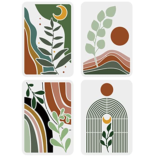 FINGERINSPIRE 4PCS Boho Sunrise Stencil Set - 11.7x8.3 inch Tropical Plant Leaves & Valley Scene Stencils for Wood, Canvas, Paper