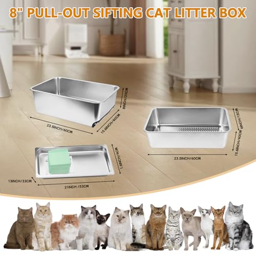 23.5''x15.7''x8'' Edelstahl-Wurfkiste, XXL ausziehbare, siebende Wurfkiste für Kiefernpellets, Hochseiten-Metall-Wurfkastensystem für Großkatzen mit Plastikschaufel &10 Urinpads (20CM)