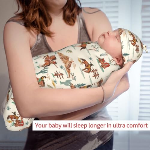 Image of Western Style Swaddle Blanket with Hat for Baby, Swaddling Sleeping Sacks Unisex Baby Stuff, Western