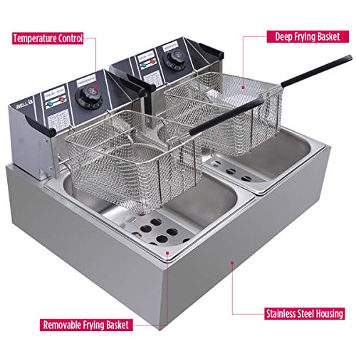 Image of iBELL DF620M 12L Electric Deep Fryer | 2500W Stainless Steel Commercial Fryer | Double Tank & Basket | Adjustable Temperature Control | Tabletop Design | Silver | 2 Year Warranty