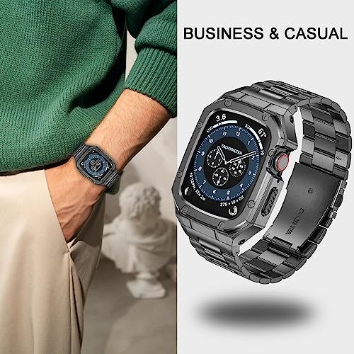Image of BAITEYOU Stainless Steel Band with Case Compatible with Apple Watch Series SE 3 2 1 /6 5 4 (44mm), Series 3 2 1 (42mm), Metal Protective Bumper Rugged Cover for iWatch Bands Men (Grey)