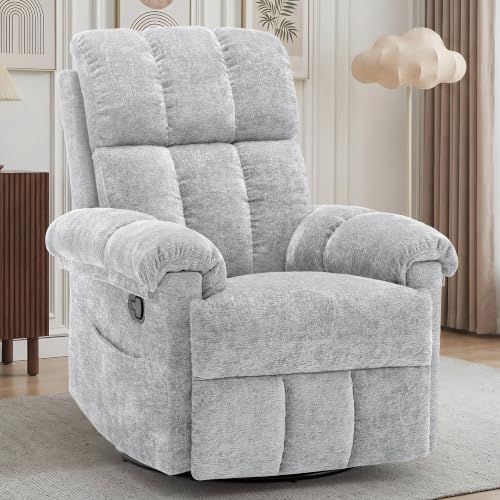 Korser Recliner Chair, Swivel Rocker Recliner Chair for Adults, Small Recliners for Small Spaces, Comfy Manual Recliner, Upholstered Nursery Rocking Chair for Living Room, Chenille, Silver Grey