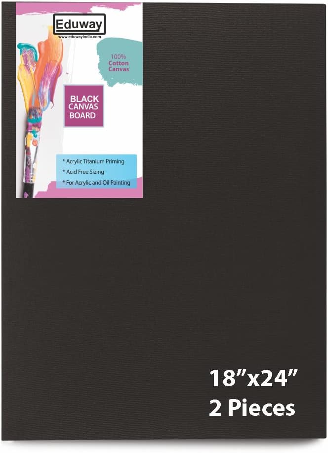 - Eduway Medium Grain 18x24 inch Cotton Black Canvas Board- Pack of 2, (45x60 cms) with 4mm MDF Board Backing, for Painting.