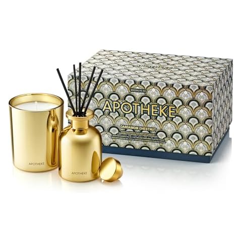 Apotheke Mini Scented Candles for Home (Cardamon Chestnut) & Scented Oil Reed Diffuser Duo - Premium Luxury Soy Wax Tin Jar Candle & Perfume-Grade Oils Aromatherapy Home Fragrance Diffuser Cover