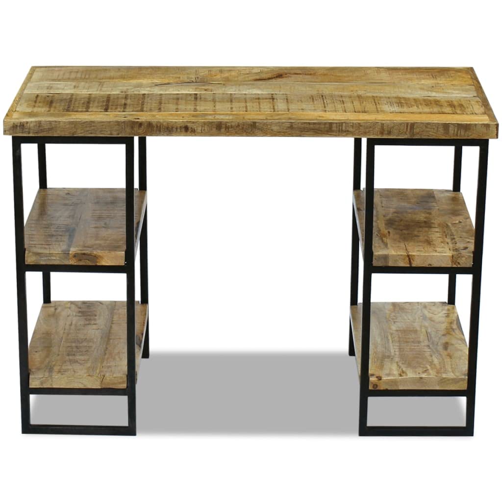 Scrivania industriale in legno di mango massiccio con struttura in acciaio, 110 x 50 x 76 cm, scrivania per computer con due scomparti per lato per libri e blocchi appunti