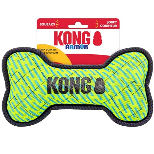 KONG Armor Bone Dog Toy – Medium – Durable Triple-Layered Fabric with Reflective Trim & Squeaker – Assorted Colors – Ideal for Chewing, Fetching & Tugging (Bone, Medium)