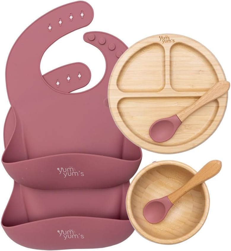 Yum Yum's Set of 6, Baby Feeding Set, Baby Plates with Suction, Bamboo