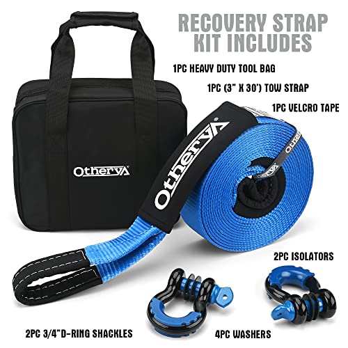 Otherya Heavy Duty Tow Strap Recovery Kit 3'' X 30 Ft (35,000 Lbs) -Break Strength, Triple Reinforced Loop + 3/4 Heavy Duty D Ring Shackles (2Pcs) + Storage Bag #TOP3