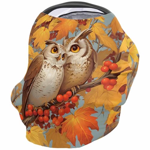 Nursing Cover for Breastfeeding Scarf, Cartoon Owls Maple Leaves Berries Fall Baby Car Covers Super Soft Multi Use for Canopy Shopping Cart Cover Blanket Stroller Cover