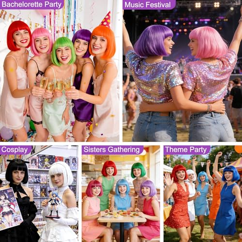 Image of MEEZY 2 Pcs Colorful Bob Wigs with Bangs Black Purple for Women, Neon Fun Wig Short Bob Hair with Heart Sunglasses Hair Cap for Halloween Costume Cosplay Photography Birthday Bachelorette Party