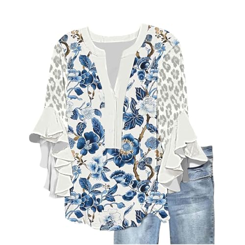 Y2K Top Activewear Ladies Blouses Floral Printing Leopard Print Patchwork Ruffle 3/4 Sleeve Tees Tunic Plus Size Clothing V Neck Button Up Pullover T Shirts for Women