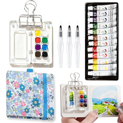 Image of Mini Watercolor Set, Travel Palette for Sketching, Acrylic Palette | 12 colors, 3 water brushes, blue sketchbook, palette and clip; 6x6cm mini kit for travel, outdoor sketching and art class