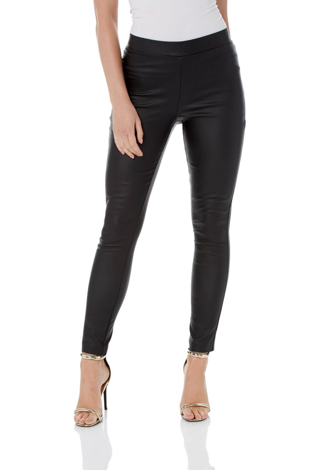 Roman Faux Leather Trousers for Women UK Ladies Mat Legging Jegging Pants High Waisted Pull On Waterproof Wet Latex Imitation Coated Stretchy Jeans Tight Slimming PU - Black - Size 12