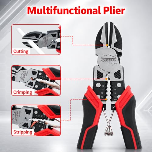 Image of Side Cutters, 7-1 /2 Inch, Wire Cutters Heavy Duty | Spring Loaded with Safety Lock, Wire Stripper and Crimper, 3-in-1 Diagonal Cutters for Cutting, Crimping, and Stripping