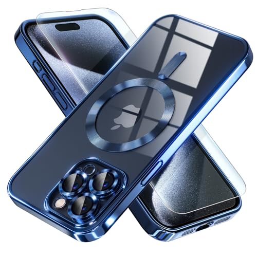 Image of Misea Magnetic for iPhone 15 Pro Max Case Compatible with MagSafe | [Never Yellowing] [Military Drop Protection] Full Camera Lens Protector Plating Soft Clear Phone Case for Women, Deep Blue