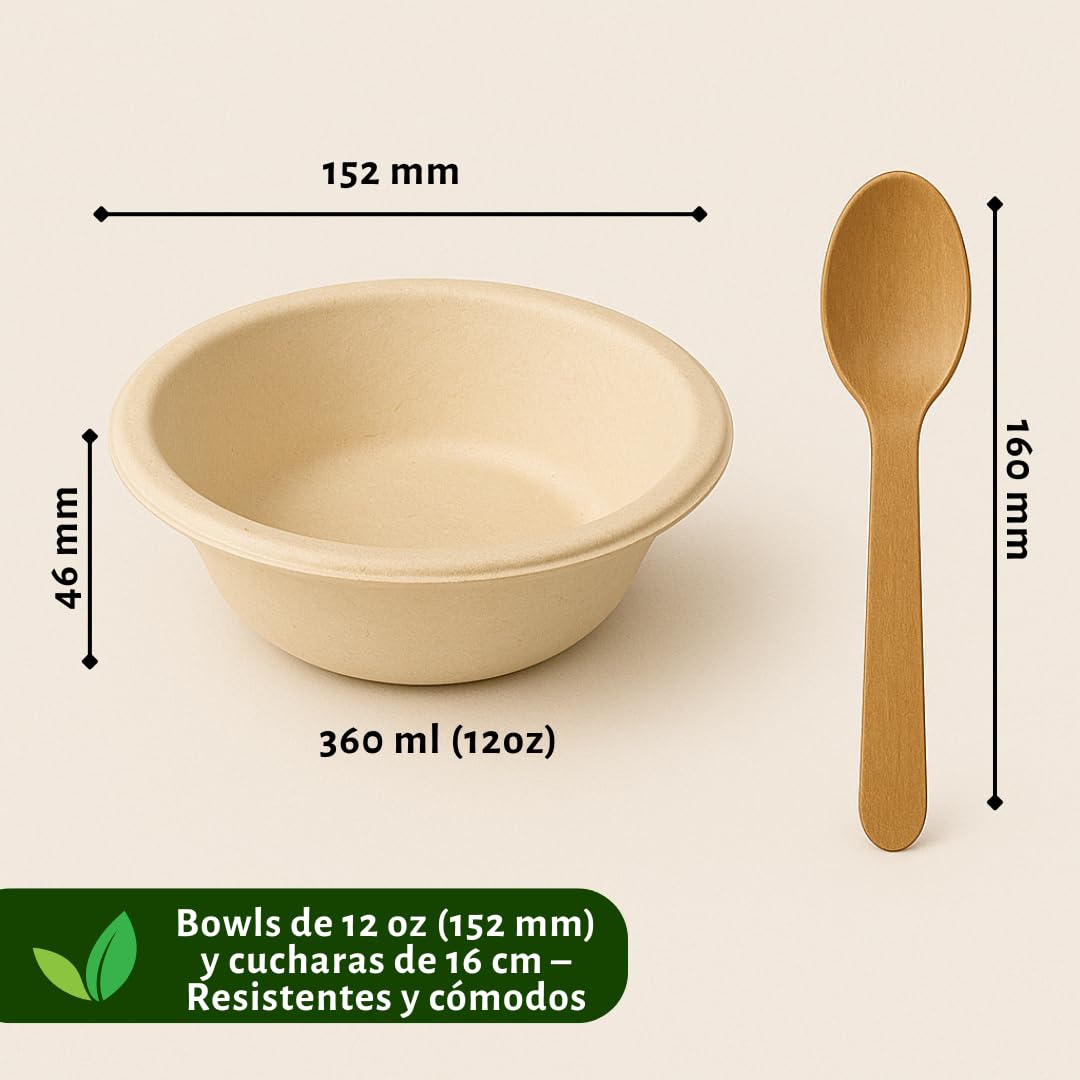 Pack 200 Cuencos Biodegradables Fibra de Caña 12oz + 200 Cucharas de Madera Encerada 16cm | Vajilla Desechable Ecológica Compostable | Alimentos Calientes y Frios (Cuencos y Cucharas)