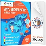Printable Vinyl Sticker Paper - Waterproof Decal Paper for Inkjet Printer - 200 Self-Adhesive Sheets - Glossy White - Standard Letter Size 8.5'x11'