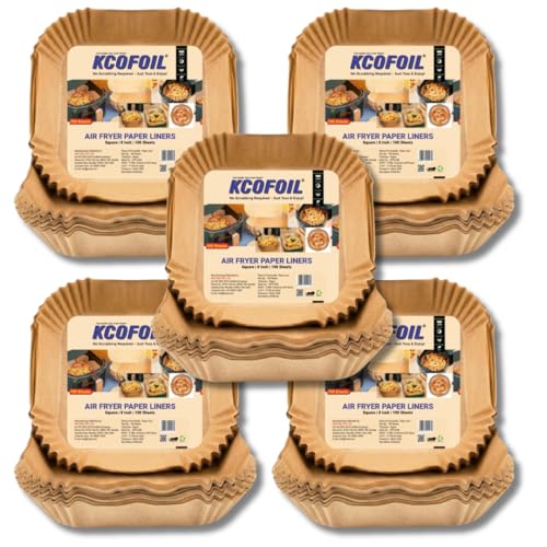 Image of 100 PCS Air Fryer Disposable Paper Liners | 8 Inch Square Parchment Sheets | Oil-Proof & Non-Stick, Heat Resistant Baking Paper for Air Fryer, Microwave, Roasting & Cooking| Pack of 5