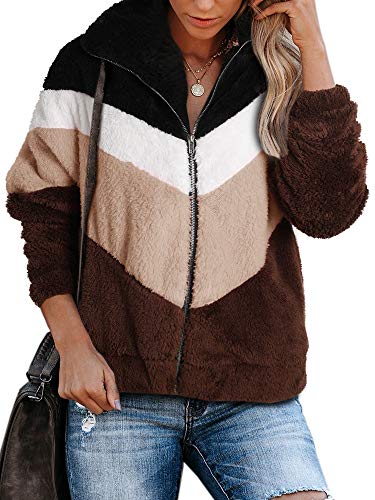 Women's Fuzzy Fleece Full Zip Faux Shearling Coat Color Block Warm Sherpa Jacket with Pockets Khaki